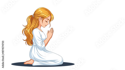 Serene young girl with long blonde hair wearing a white dress kneels in prayer with her hands pressed together on a shadowed background.