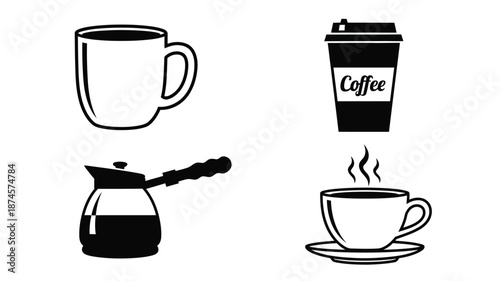 Black and white coffee icons featuring various brewing methods silhouette