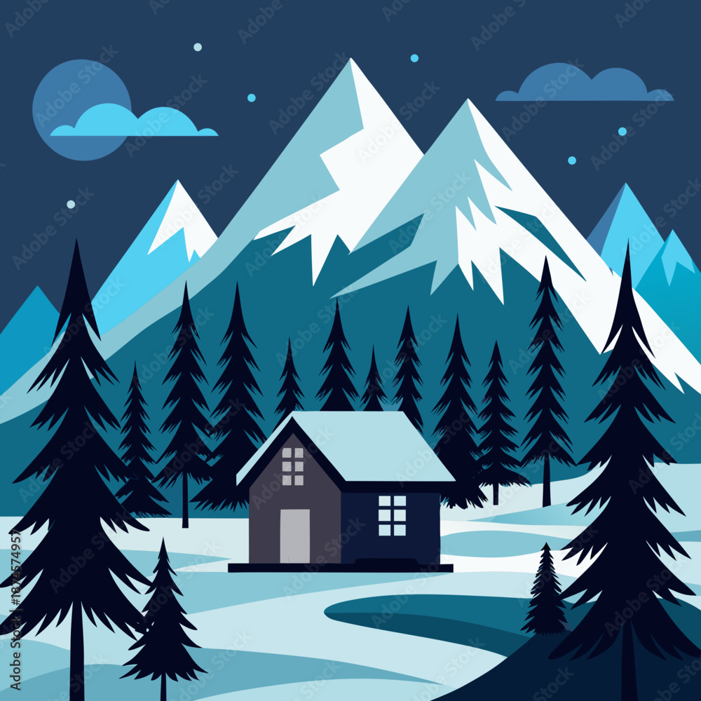 Obraz premium Title: A colorful of a mountain landscape with a dark house and snow-covered peaks