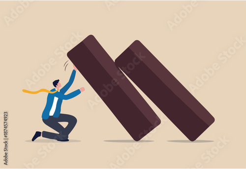 Business resilience, flexibility working to survive and stand back in economic crisis, endurance and adaptability in business to success concept, confident strong businessman push back falling dominos