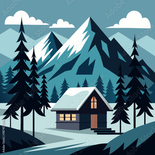 Title: A cozy wooden cabin surrounded by tall pine trees and snow-covered mountains under a clear