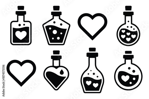 Love Potion Silhouette Valentine Vector Icon Set, Collection of Heart and Potion Bottle Icons Representing Romance, Magic, Valentine Celebrations, Love Concepts, Web Design