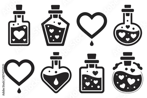 Love Potion Silhouette Valentine Vector Icon Set, Featuring Heart-Shaped Bottles, Romantic Potion Symbols, Magic and Alchemy Illustrations