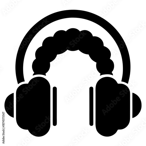 Title: Black and white of over the ear headphones with curly hair inside the ear cups