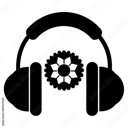 Title: Black and white of over the ear headphones with a flower inside the ear cups