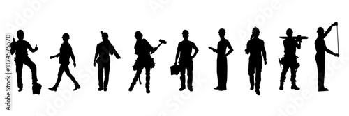 Set of construction workers silhouettes in various poses. Builders standing, walking, working and holding tools. Group of male worker silhouettes isolated on white background. Construction, renovati. 