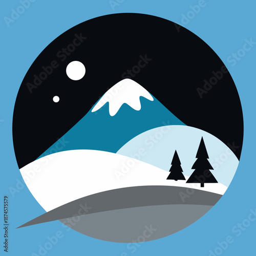 Title: Nighttime winter landscape with a crescent moon and stars above a snowy mountain and pine