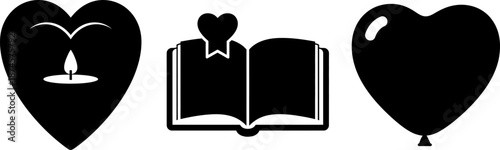 Collection of black heart symbols book candle balloon love romance silhouettes