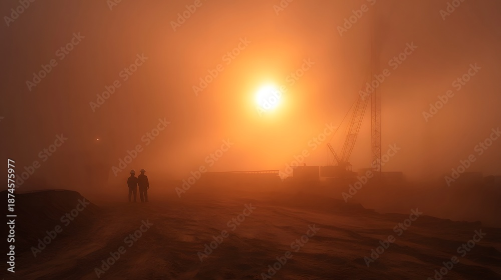 Fototapeta premium Silhouetted workers on a dusty industrial site illuminated by a hazy sun and a large crane