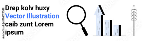 Business analysis, economic growth, sustainability, agriculture, research tools, data visualization. Magnifying glass, bar graph and wheat ear on a white background. Business analysis and economic