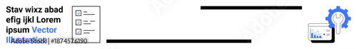 Data management, analytics, project organization, workflow optimization, task tracking, system automation. Checklist and gear icon connected processes. Data management and analytics concept