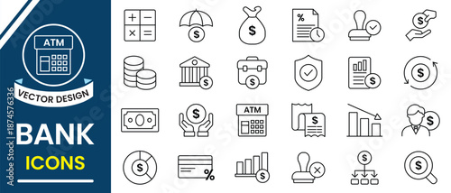 Bank icon set. Bank and Finance outline icons. Personal finance related icon, online banking, savings, loans, piggy banks, loans, investments, shields, ATM, mortgage and more. Vector illustration.
