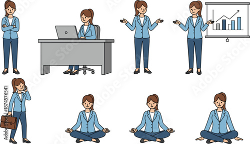 Set of businesswoman character illustrations in light blue blazer performing office tasks including working on laptop presenting and meditating in yoga