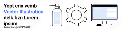 Spray bottle, mechanical gear, and computer display connected in functional design. Ideal for innovation, system setup, user interface, technology workflow, product engineering, automation simple