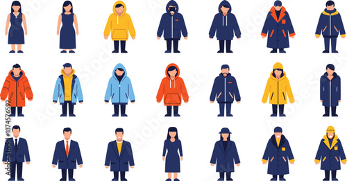 Set of diverse people characters in flat design style wearing casual and business outfits including man on bicycle and professional