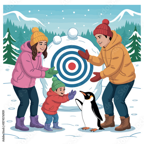 Happy family fun winter season playing target game snowball with penguin learning and smiling joyful in cold season