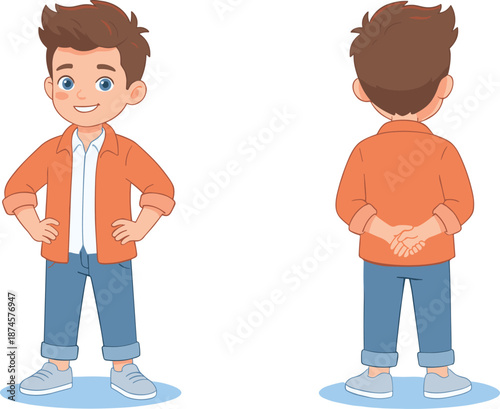 Cute school boy character front and back view, casual outfit, standing pose, cartoon child illustration design