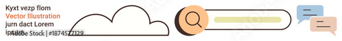 Online communication, data storage, internet search, cloud computing, text messages, digital interaction. Cloud outline, search bar speech bubbles. Online communication and data storage concept