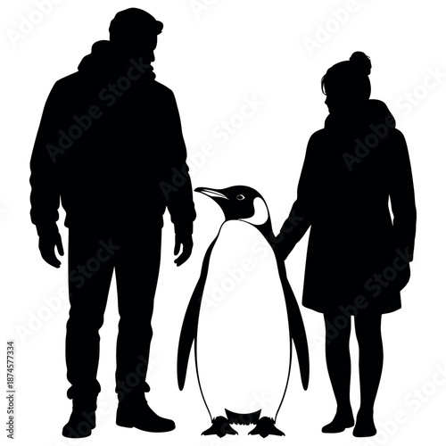 Silhouette of man and woman standing with emperor penguin on white background representing arctic wildlife observation and polar tourism concept in minimalist art