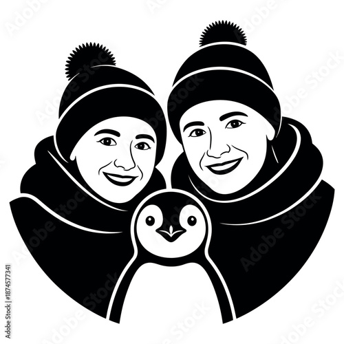 Minimalist silhouette illustration of young couple wearing winter beanies and scarves with cute baby penguin in center heart shape black and white vector art