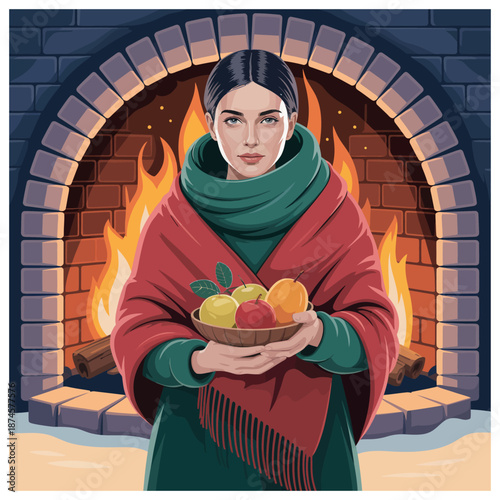 Woman holding bowl of apples in front of fireplace wearing scarf and shawl indoor during winter holiday season with festive atmosphere