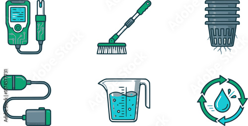 Professional hydroponic maintenance icons. Flat vector set featuring water testers, net pots, and cleaning tools. High-quality emerald and cyan graphics isolated on white.