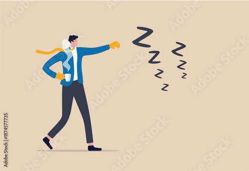 Procrastination and laziness, productivity and professional to fight with resistance and sleepy concept, alert businessman have some coffee wearing boxing gloves to fight with lazy sleepy symbol.