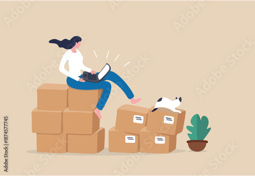 Selling product online, e-commerce or internet shopping, small business or entrepreneurship concept, success woman entrepreneur receive order from computer sitting with box parcel ready to ship.