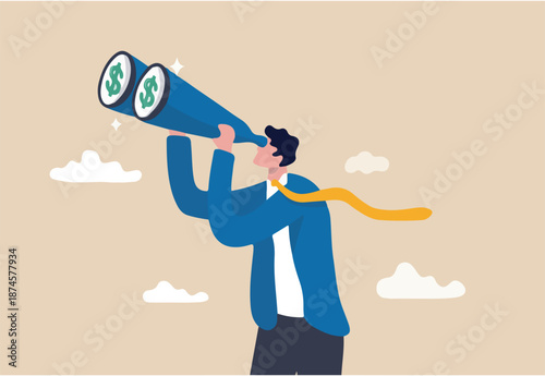 Looking for investment opportunity, money visionary, searching for yield, dividend or profit in stock market concept, wealthy businessman investor look through binoculars to see money dollar sign.