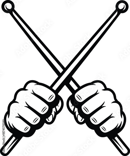 Crossed Drumsticks in Fists Music Rhythm Power Illustration.