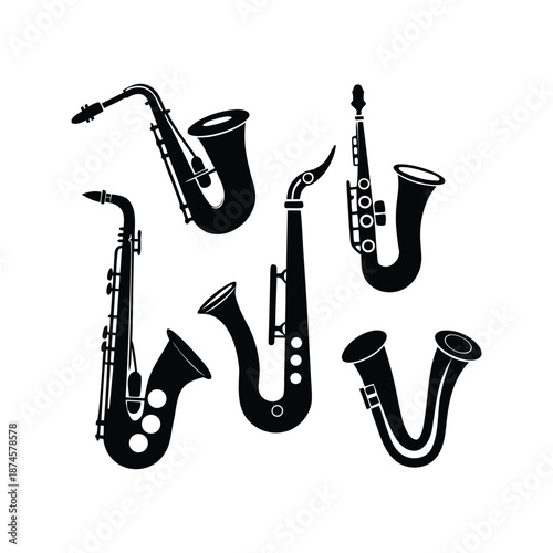 Silhouette of various saxophones on white background