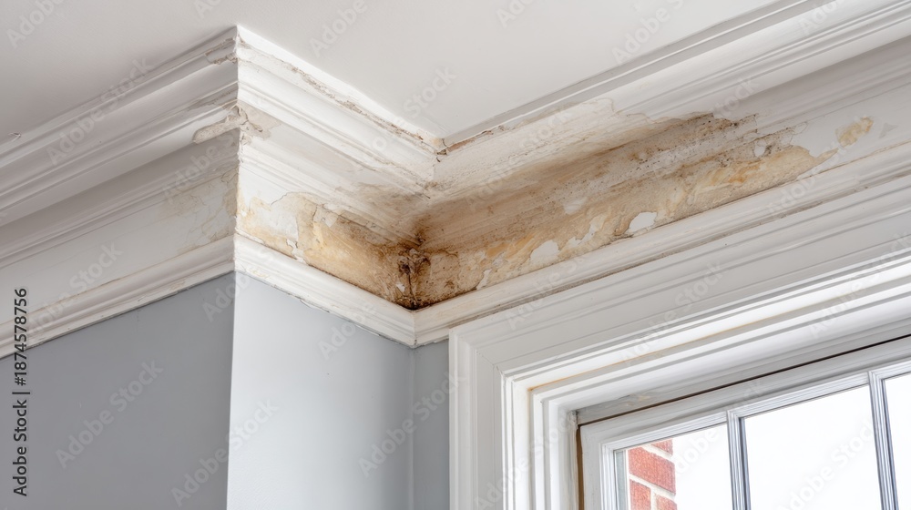 Fototapeta premium Close-up of ceiling plaster damaged by roof leak. Brown water stains, peeling paint and damp surface showing long-term moisture issues inside residential building
