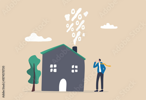 Real estate and housing mortgage rates, interest rate for house loan or renting, property tax or banking cost concept, businessman house owner looking at rising percentage smoke from house fireplace.