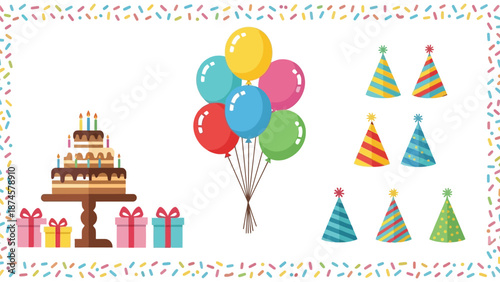 Collection of colorful birthday party elements including a tiered cake, balloons, and festive hats
