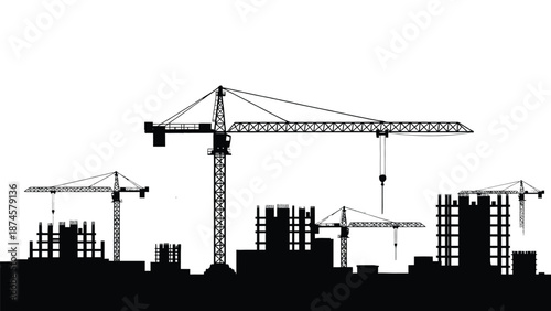 Silhouette of multiple tower cranes working above unfinished high-rise buildings in an urban construction scene