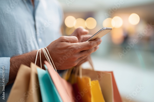 A man is holding a cell phone while carrying several shopping bags