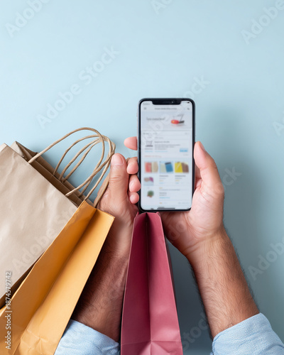 A person holding a cell phone with a shopping app open
