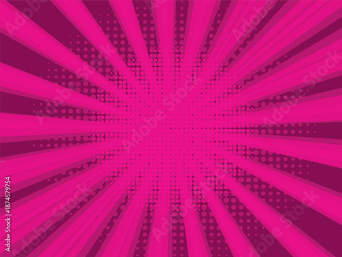 Comic book halftone background. Red sun pop art retro rays background.