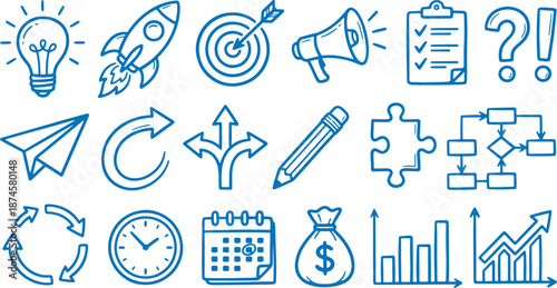 Business strategy icons set including light bulb rocket target megaphone checklist question mark paper airplane arrows pencil puzzle clock calendar money bag graphs