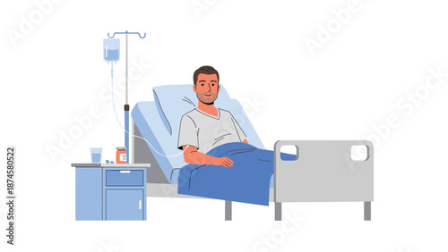 Young male patient resting in a hospital bed with an intravenous drip, indicating recovery or ongoing medical treatment.