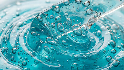 Dynamic macro shot of vibrant blue translucent gel stirred by a glass dropper, creating mesmerizing swirling patterns and sparkling oxygen bubbles, highlighting its fluid texture and purity