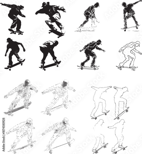 Dynamic Skateboarder Vector Art Collection: Silhouettes, Outlines, and Textured Illustrations in Various Poses
