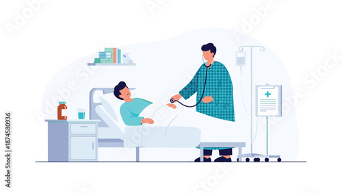 Caring doctor using a stethoscope to examine a male patient resting in a comfortable hospital bed within a medical facility.
