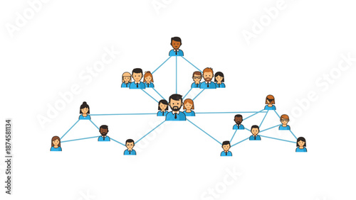 Inclusive social network or business community showcasing diverse individuals connected through various relationships and interactions.