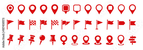 Map location pin and flag icon set with navigation markers and pointers, flat minimal symbols on transparent background