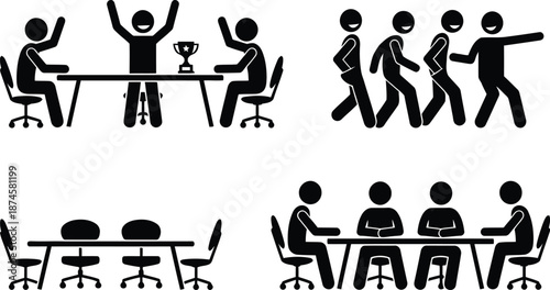 Team celebrating success in meeting room with trophy