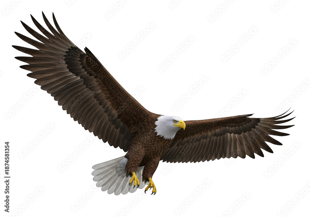 Fototapeta premium Majestic bald eagle in flight with outstretched wings isolated on transparent background