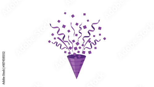 Festive purple confetti popper erupting with a burst of sparkling confetti and streamers, symbolizing joy and celebration.