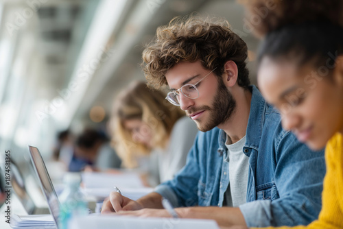 A man with glasses is sitting at a table with a laptop and a book