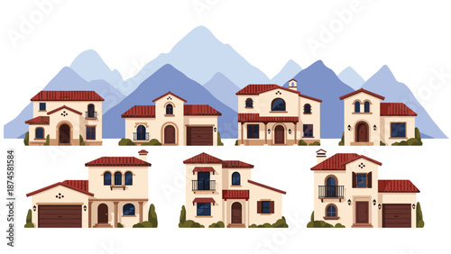 Beautiful collection of diverse Mediterranean-style houses with terracotta roofs, set against a backdrop of majestic mountains.